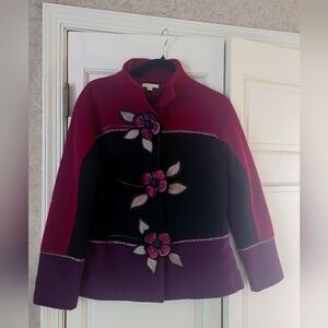 Carson Cardigan Women Medium Black Floral Embroidery Wool Nordic Peasant Folk